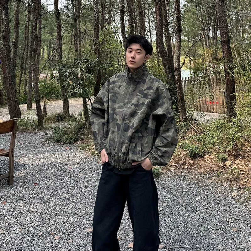 2-300斤特大码ins迷彩拼色松弛感夹克衫男女早秋复古潮酷翻领外套