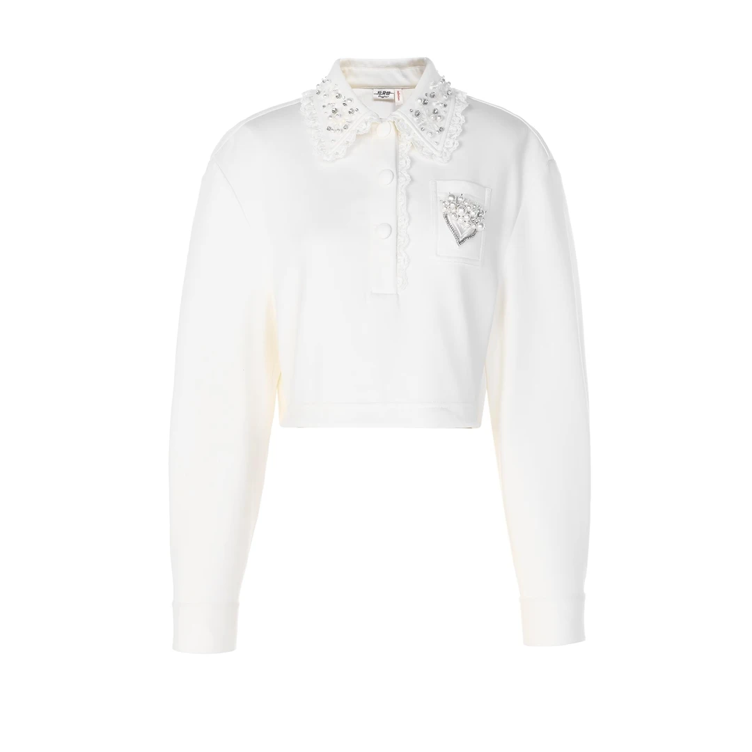 LeFame/拉飞姆2025秋新宽松柔软洛可可钉珠抽绳卫衣FF25Q11SB085