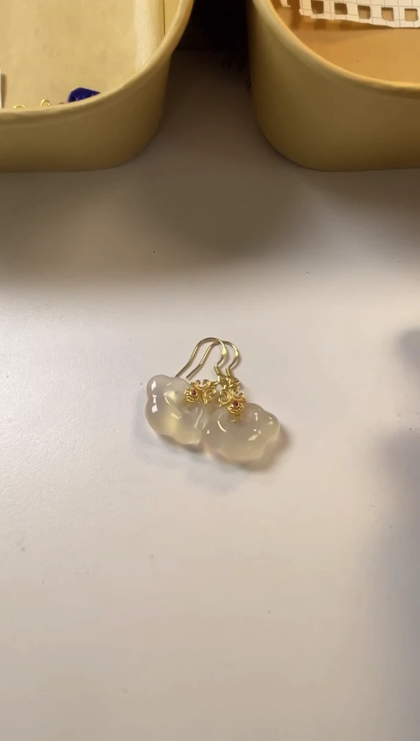 玛瑙/玉髓耳坠银S925镀金镶嵌兰*雀祥云锁荔枝冻玛瑙耳坠