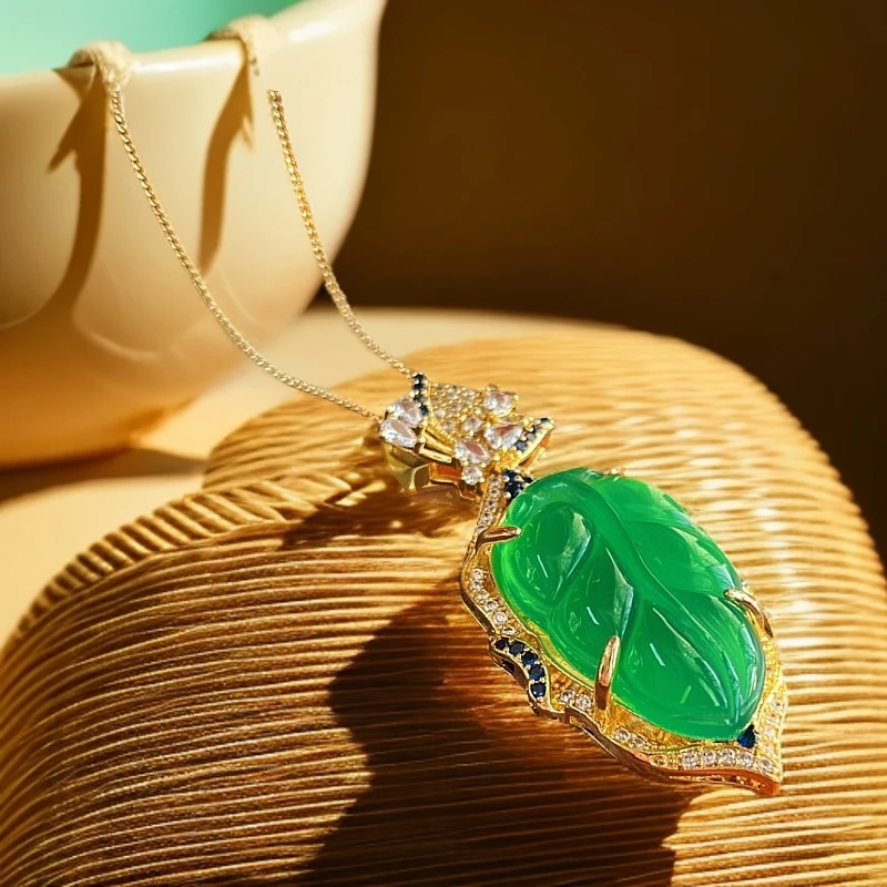 时尚 百搭 豪镶树叶 玉石项链吊坠挂车链接勿拍-GY