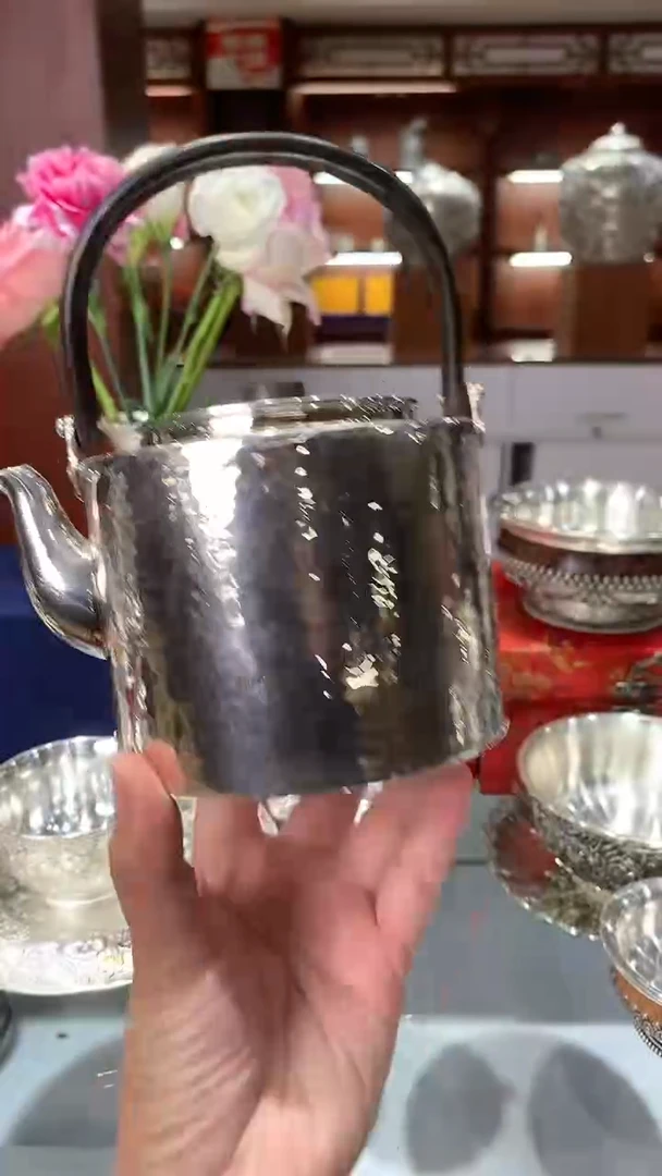 L*?足银999精工手工素面锤纹一桶烧水泡茶壶