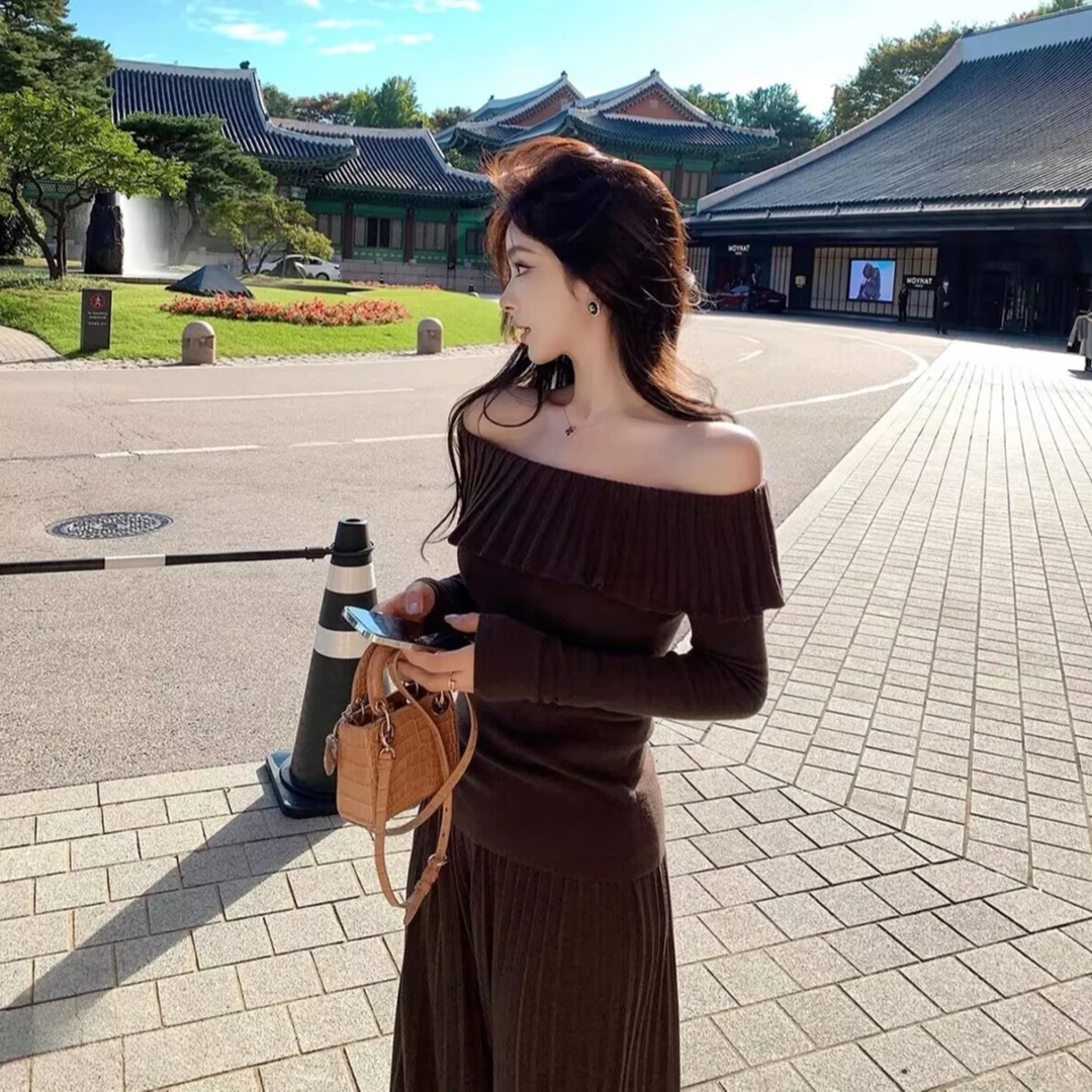 轻熟法式小众上衣高级感小众别致绝美一字肩荷叶边针织衫毛衣女秋