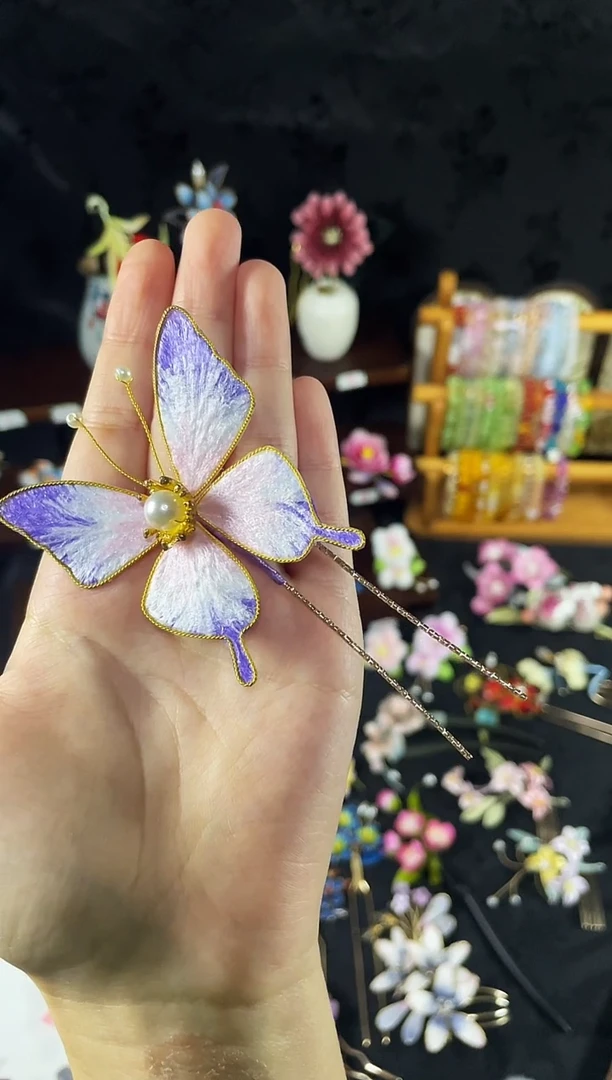 非遗绒花蝴蝶发钗