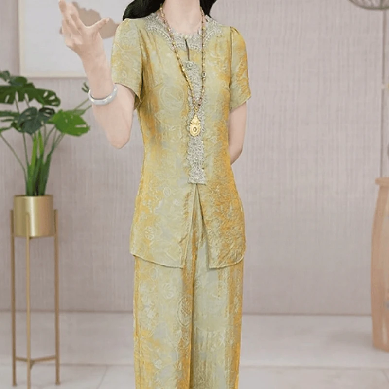 【上衣+休闲裤】2025夏季新款时尚优雅贵夫人高端轻奢修身显瘦套装