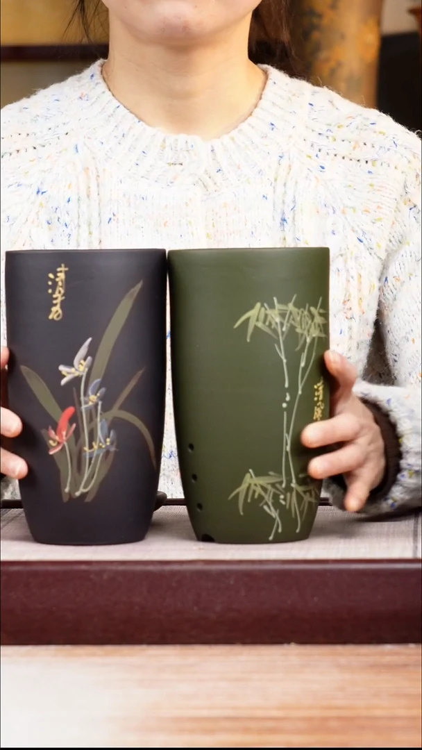 紫砂花盆粉黑泥绘兰花小美人肩一只带托盘