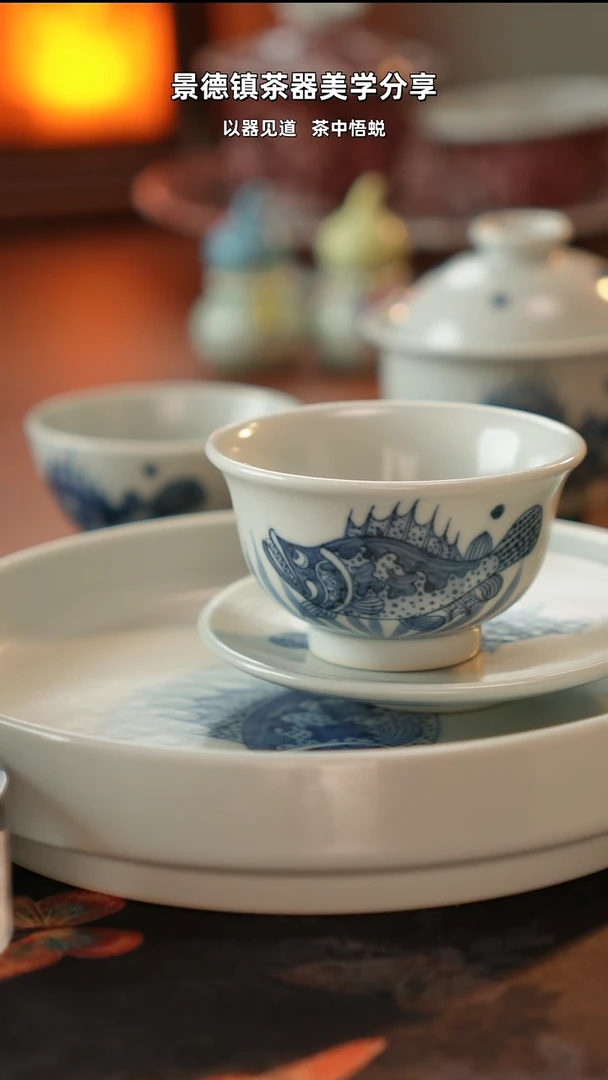 鱼藻青花压手杯1