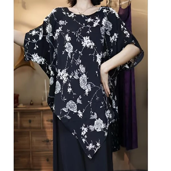 5044短袖印花衬衫女春季新款宽松花边领衬衣高级感漂亮上衣