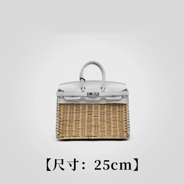 包二代 【牛皮-白色竹编25铂金-女包】 牛皮 优雅风 手提女包 30365