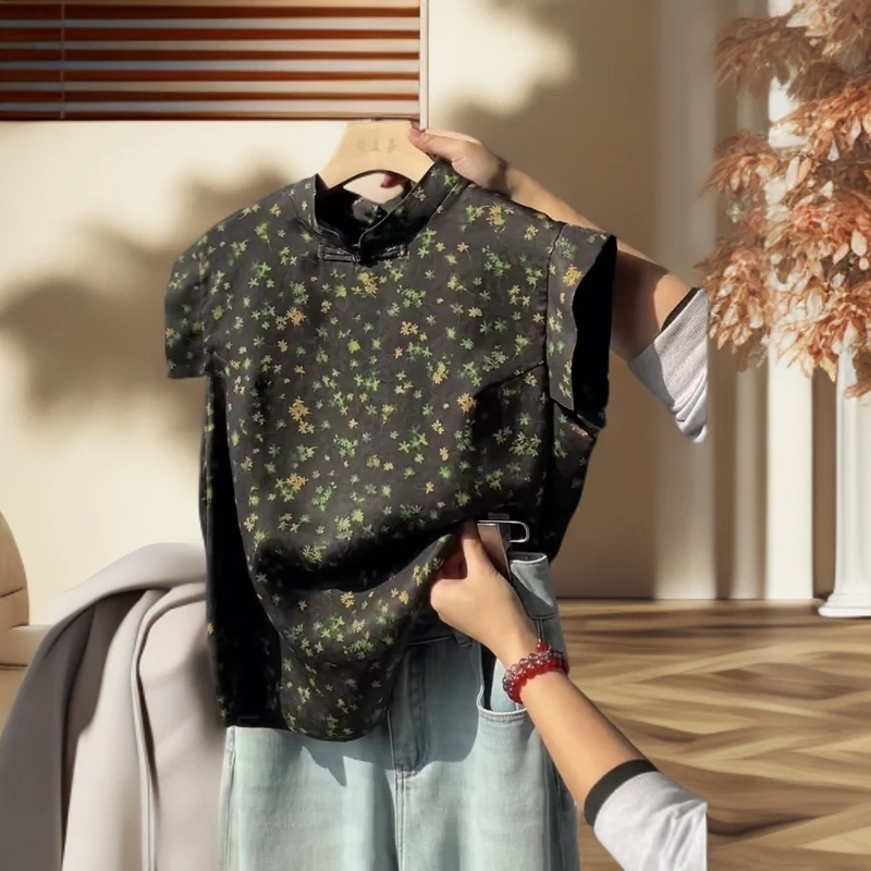 新中式气质复古2025小众减龄高级黑撞色碎花旗袍立领无袖衬衫夏季