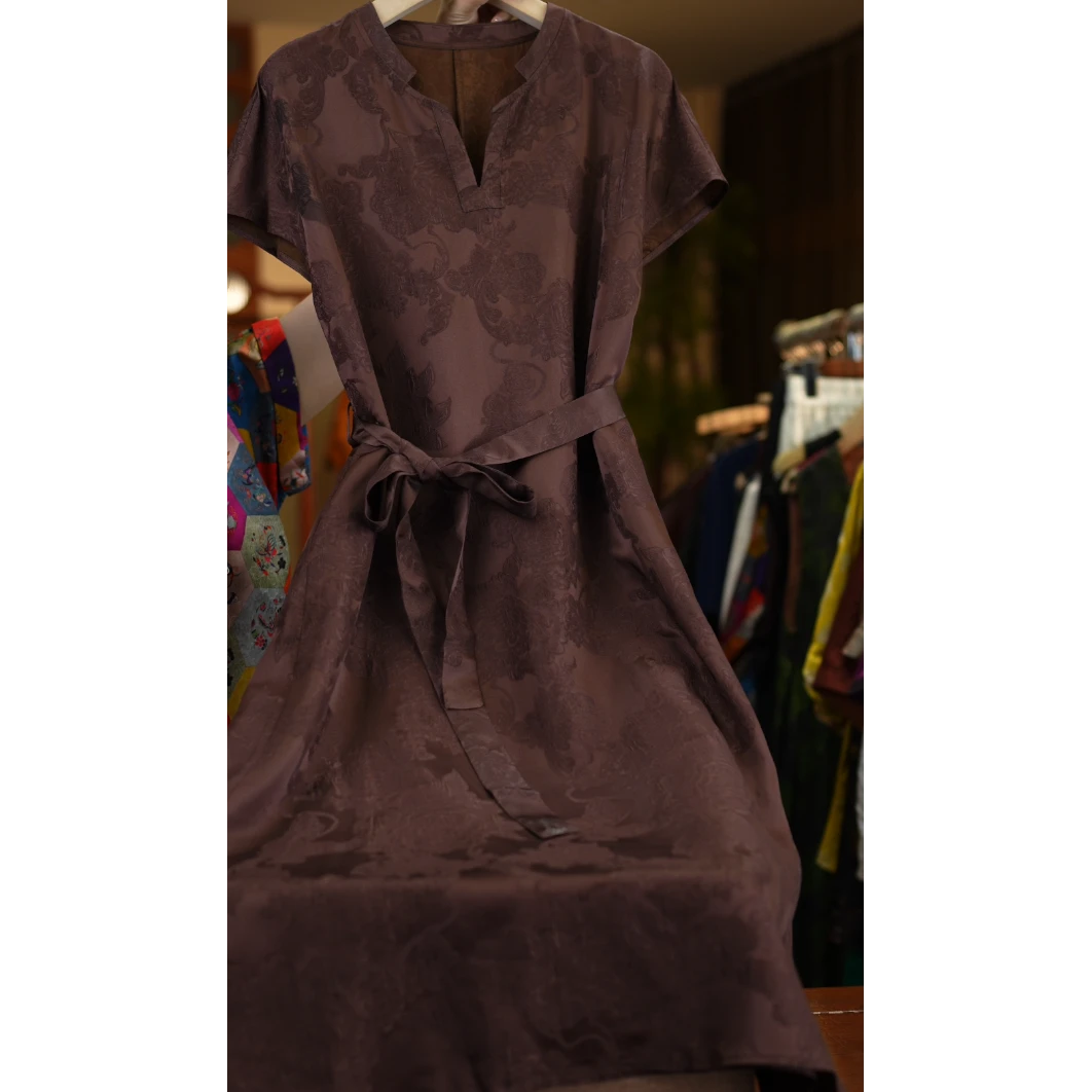 <<非遗美学>>新中式香云纱老料木薯真丝连衣裙T1498