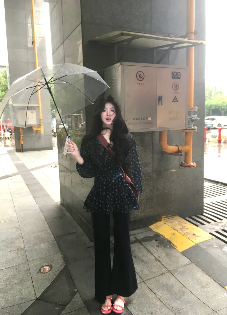 2025夏季新款韩系穿搭高级感碎花雪纺衫长袖上衣休闲裤时尚两件套