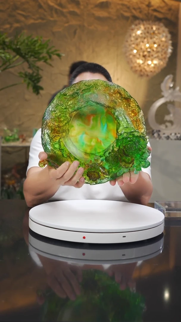 琉璃手工艺品设计款绿色如意牡丹花果盘摆件