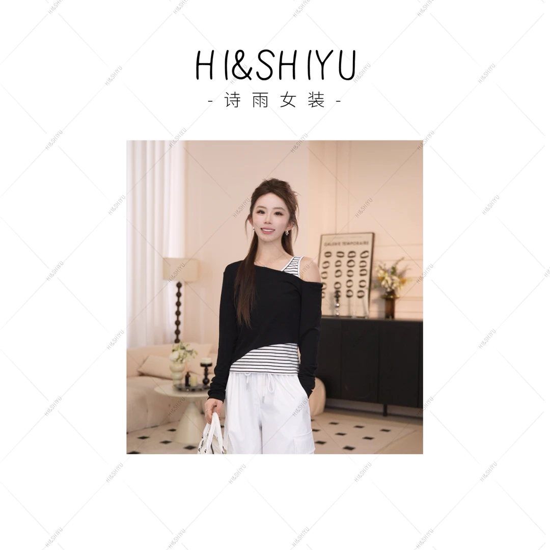 HISHIYU【半岛情书】新款撞色一字肩T恤假两件露肩长袖修身上衣女
