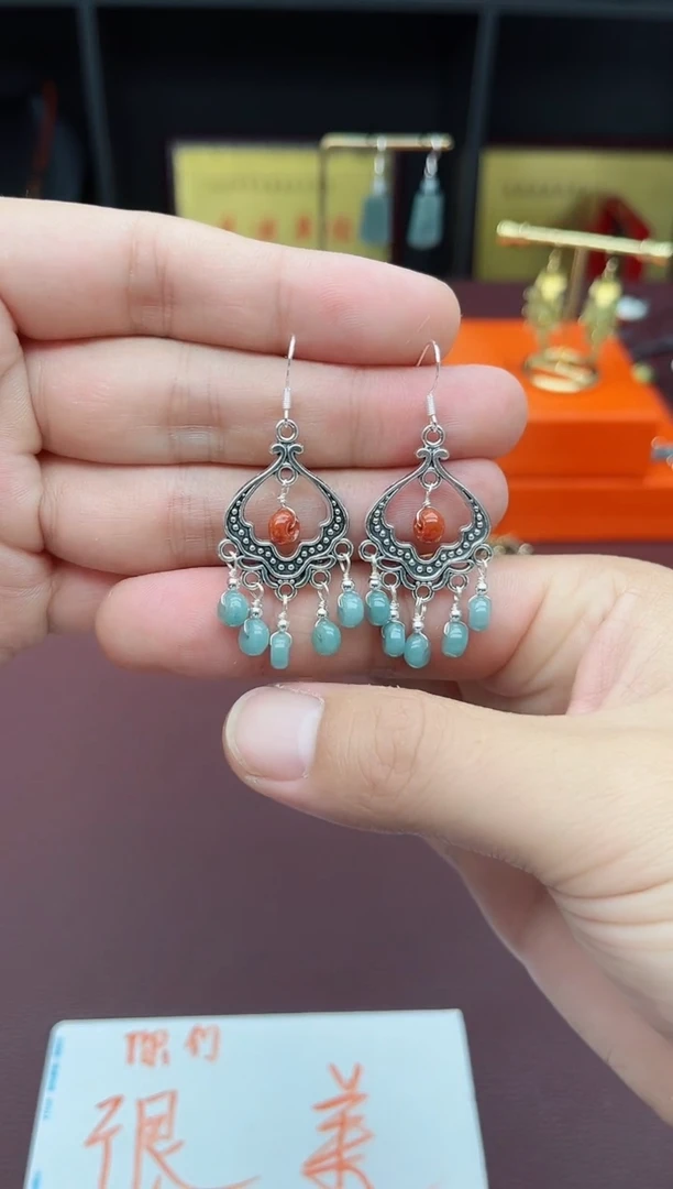 翡翠银S925镶嵌耳饰432000