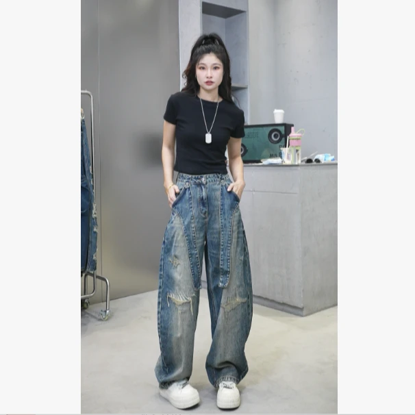 YD11220-蓝【N5专享】秋款磨破潮流时尚设计中高腰弯刀堆堆牛仔裤