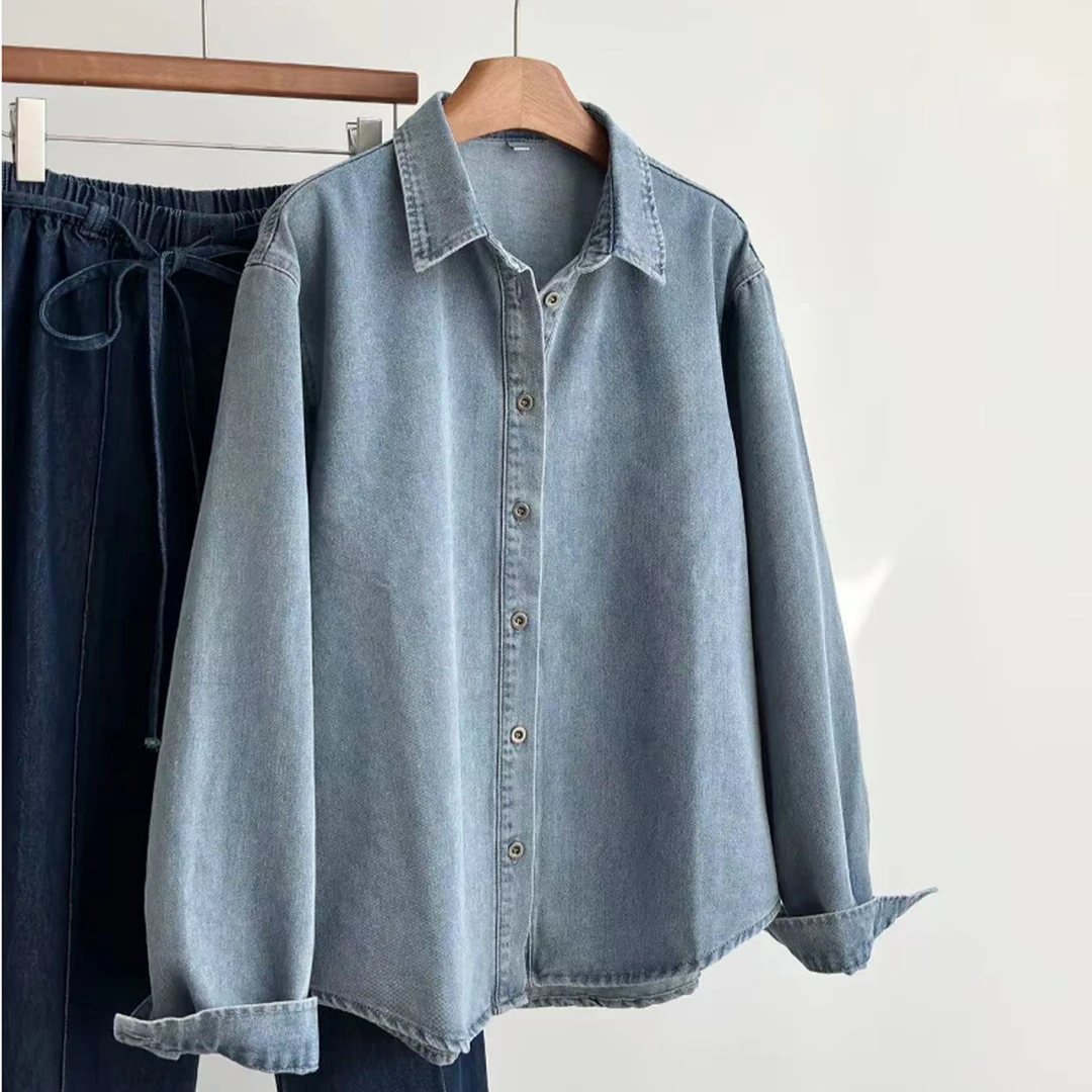 小雅姐姐 韩系复古爱心刺绣简约轻薄牛仔衬衫外套IQ06