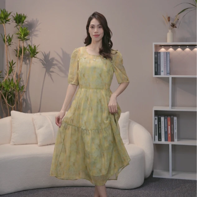 viva‘’薄荷气泡‘新款风高级高腰绿色碎花连衣裙夏款夏季