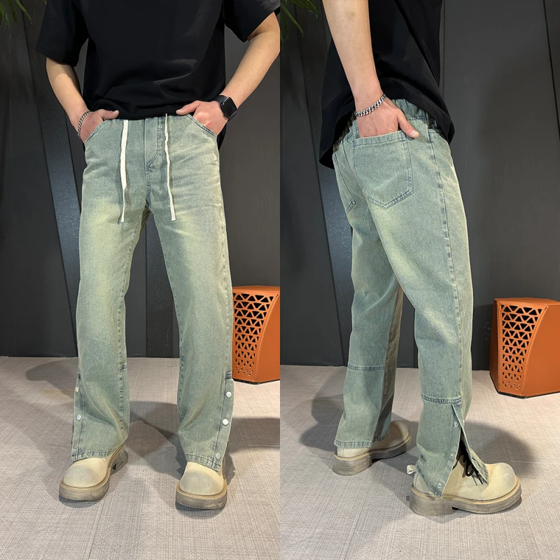 春秋新品男士休闲牛仔裤百搭清新浅蓝色直筒抽绳情侣同款牛仔裤男