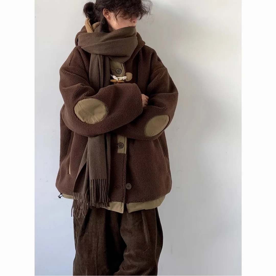 日系复古牛角单排扣2024保暖棉衣男女冬季新款宽松撞色棉服外套潮