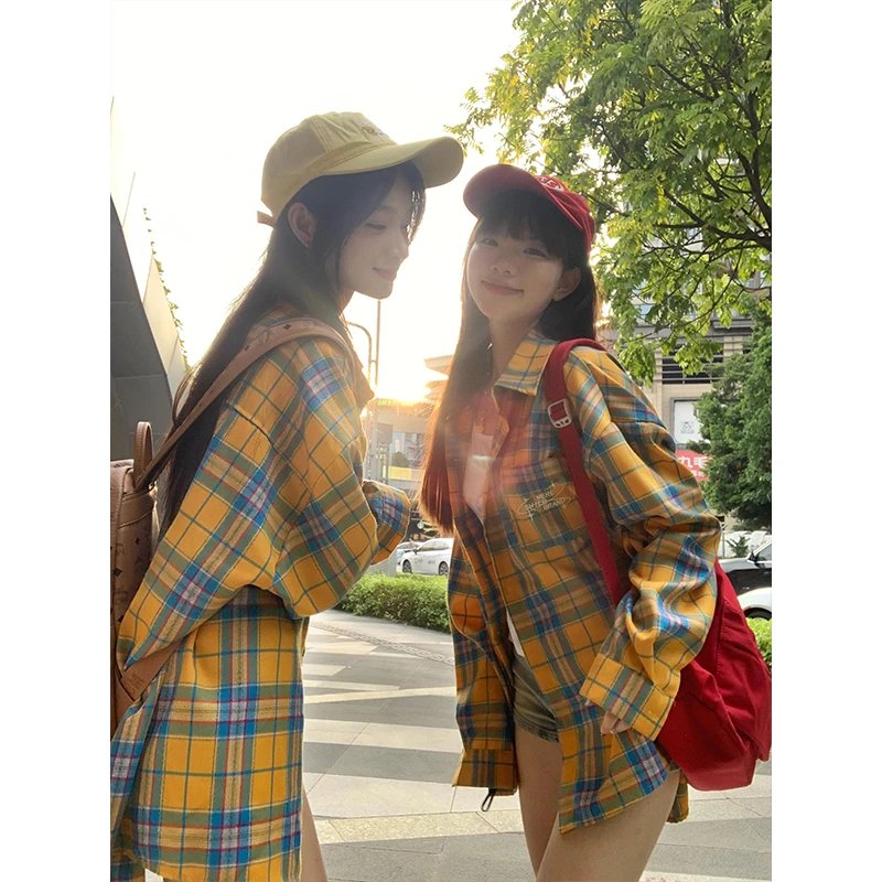 美式复古vintage蓝黄色格子衬衫男夏季薄款高街出行穿搭防晒上衣