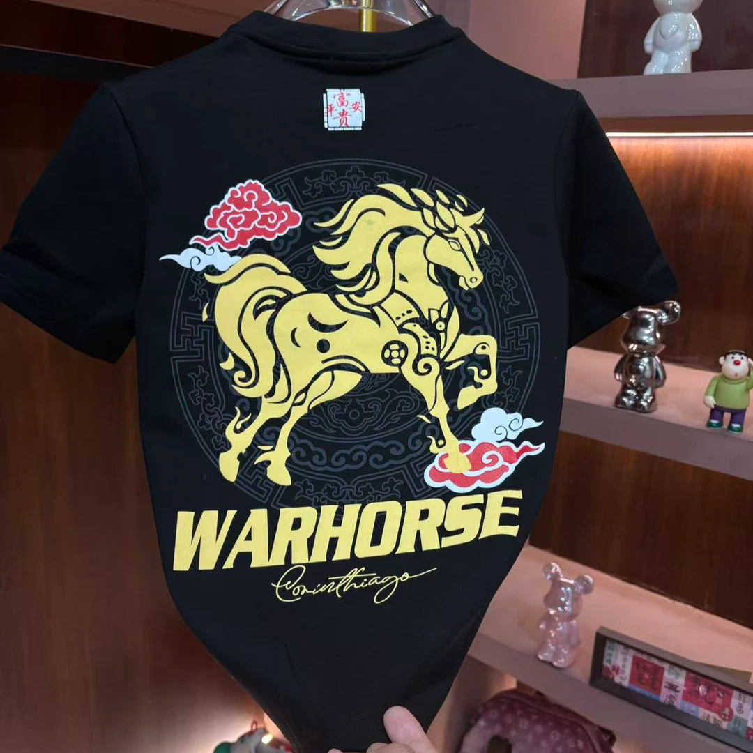 冬季加厚马年发泡重工短袖T恤男款轻奢高品质男士上衣半袖2210、