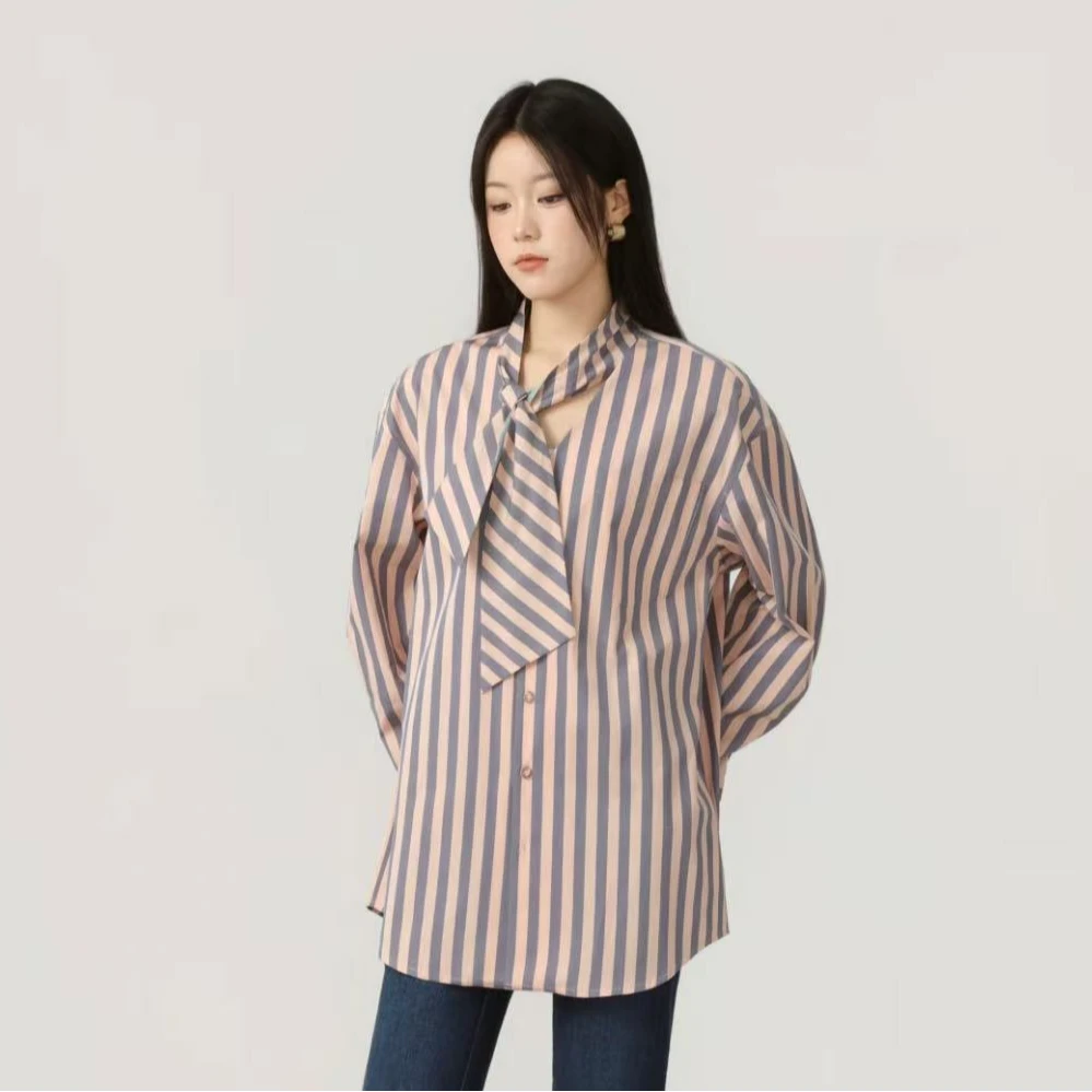 哥弟 新款气质时尚百搭条纹时髦高级感显瘦飘带女士衬衫130137