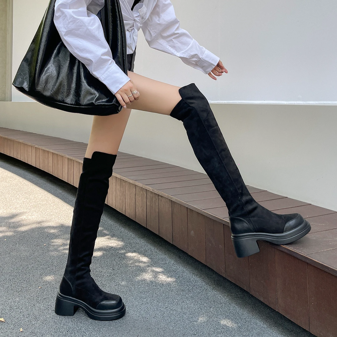 【掉筒包退】厚底高筒靴过膝靴女厚底小个子增高弹力瘦瘦靴长筒靴