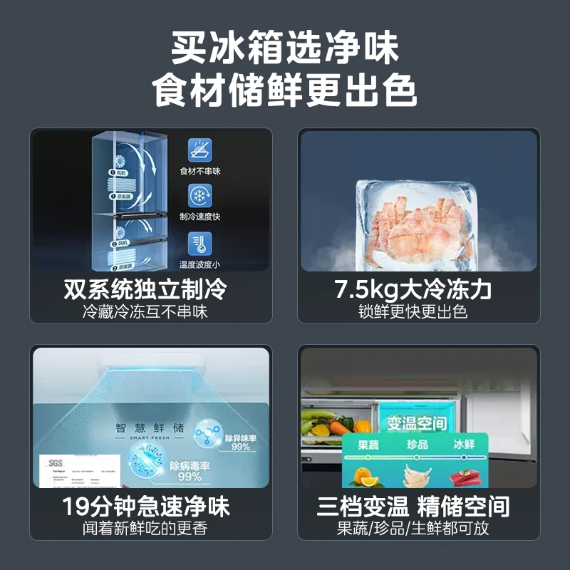 【政府补贴】美的508灰冰箱法式多门风冷一级能效双变频大容量净味
