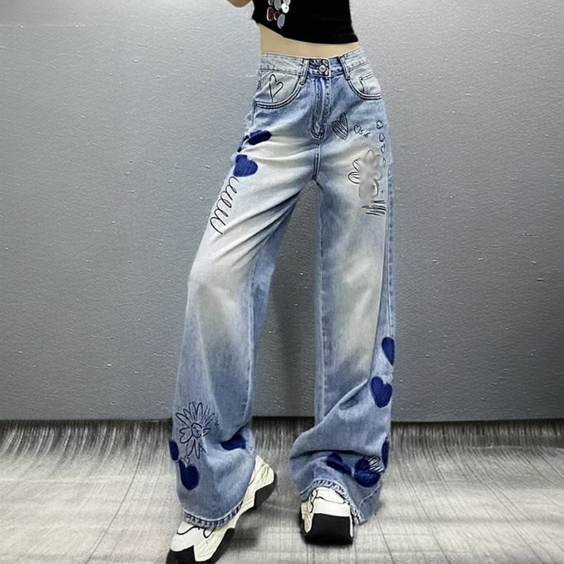 欧洲站初春女装新款欧货撞色手绘印花垂感牛仔裤女高腰宽松阔腿裤