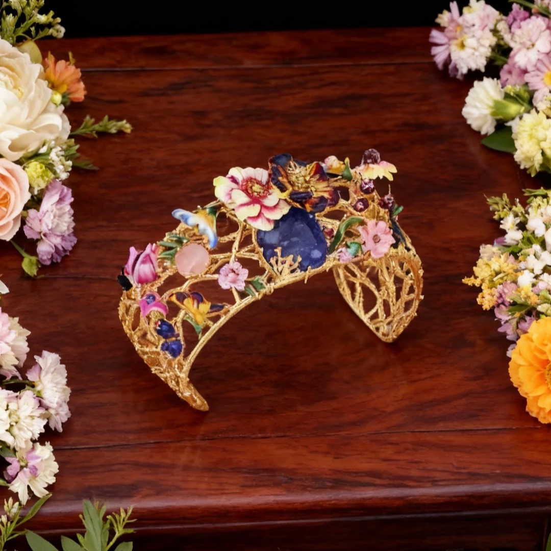 铜合金珐琅手镯 莫奈花园手工手镯复古百搭气质开口手环