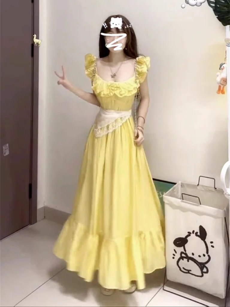 现268#2025新款超仙学姐连衣裙茶歇法式小飞袖长裙黄色吊带裙子