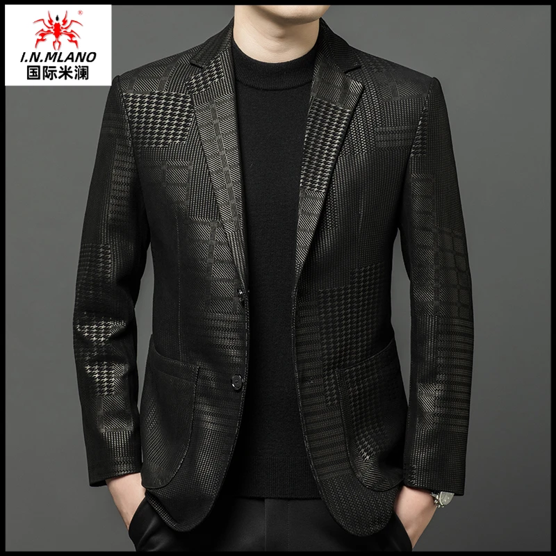 【羊皮皮衣男】真皮西装修身新款海宁休闲绵羊皮真皮夹克西服外套男