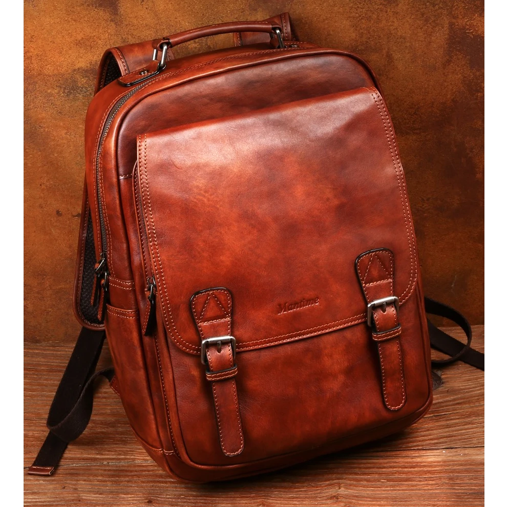 复古植鞣牛皮双肩包真皮大容量男女休闲背包头层牛皮商务电脑背包