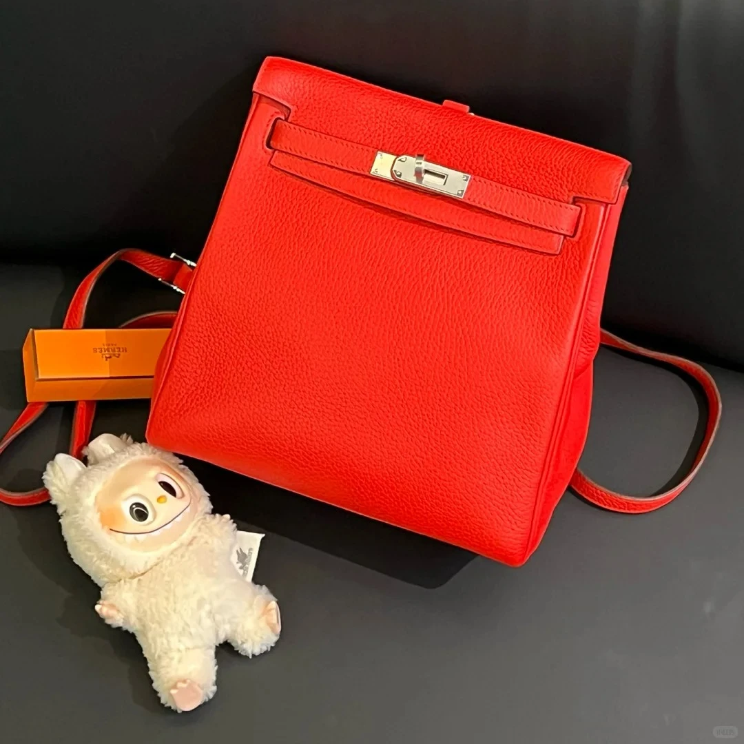 95新 Hermes/爱马仕 小花Jerry6.15Kelly Ado 双肩包 砖红色 框D
