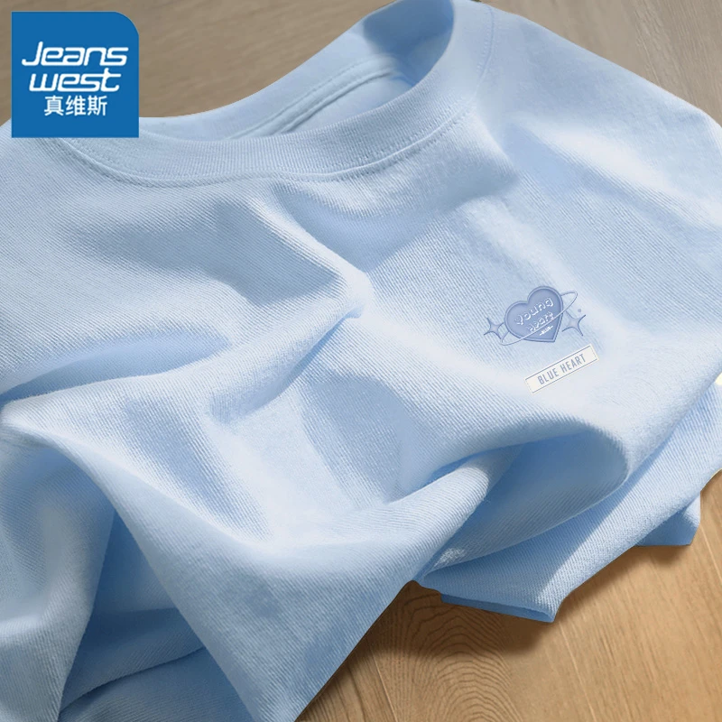 真维斯蓝色纯棉短袖t恤女夏季2026新款学生长袖宽松大码上衣体恤