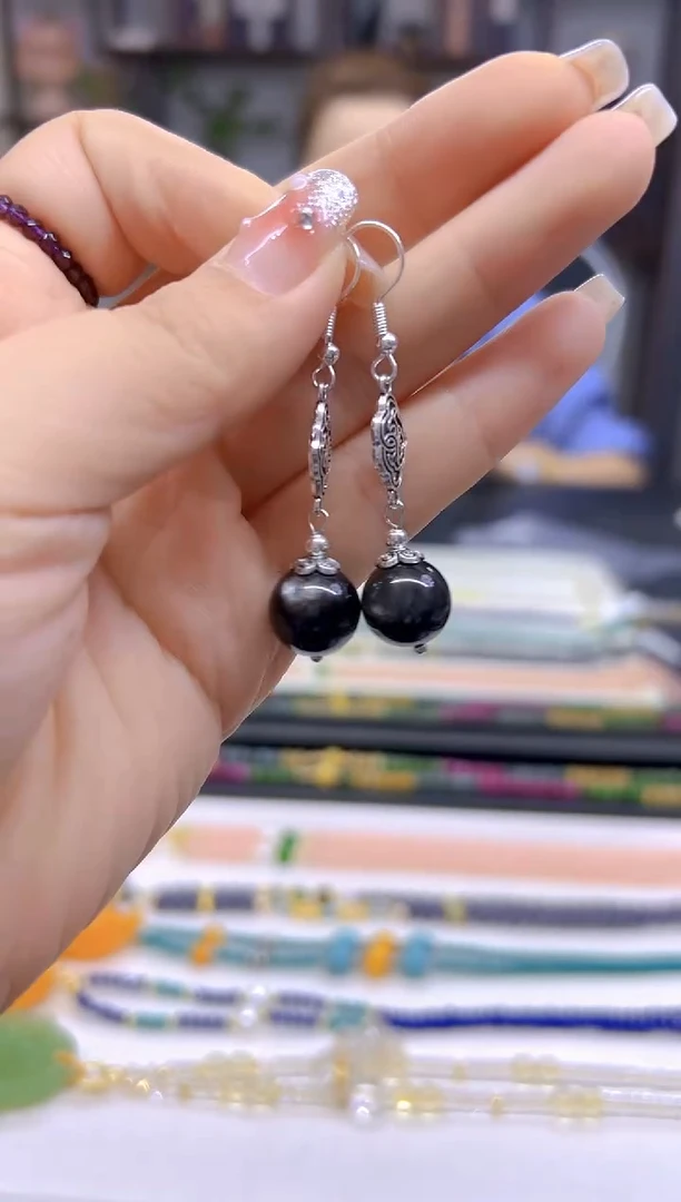 黑曜岩银S925镶嵌耳饰DIY款E818