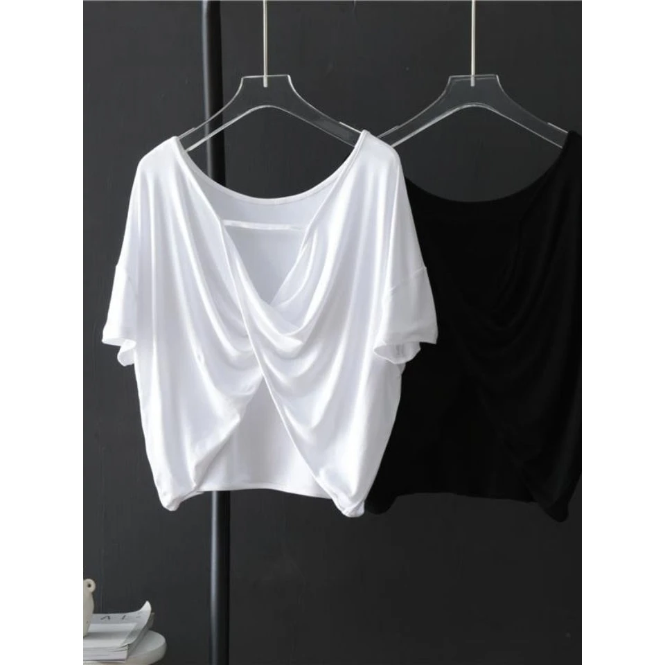 好穿！巨有质感！舒服慵懒风露背短袖T恤女宽松后交叉纽结百搭上衣