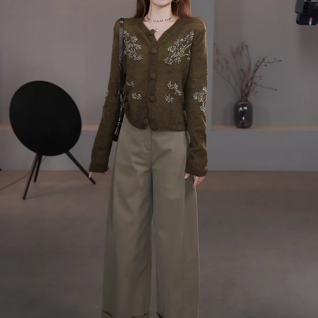 早秋2025年新款小众开衫毛衣外套+高腰显瘦休闲裤两件套LK2505769