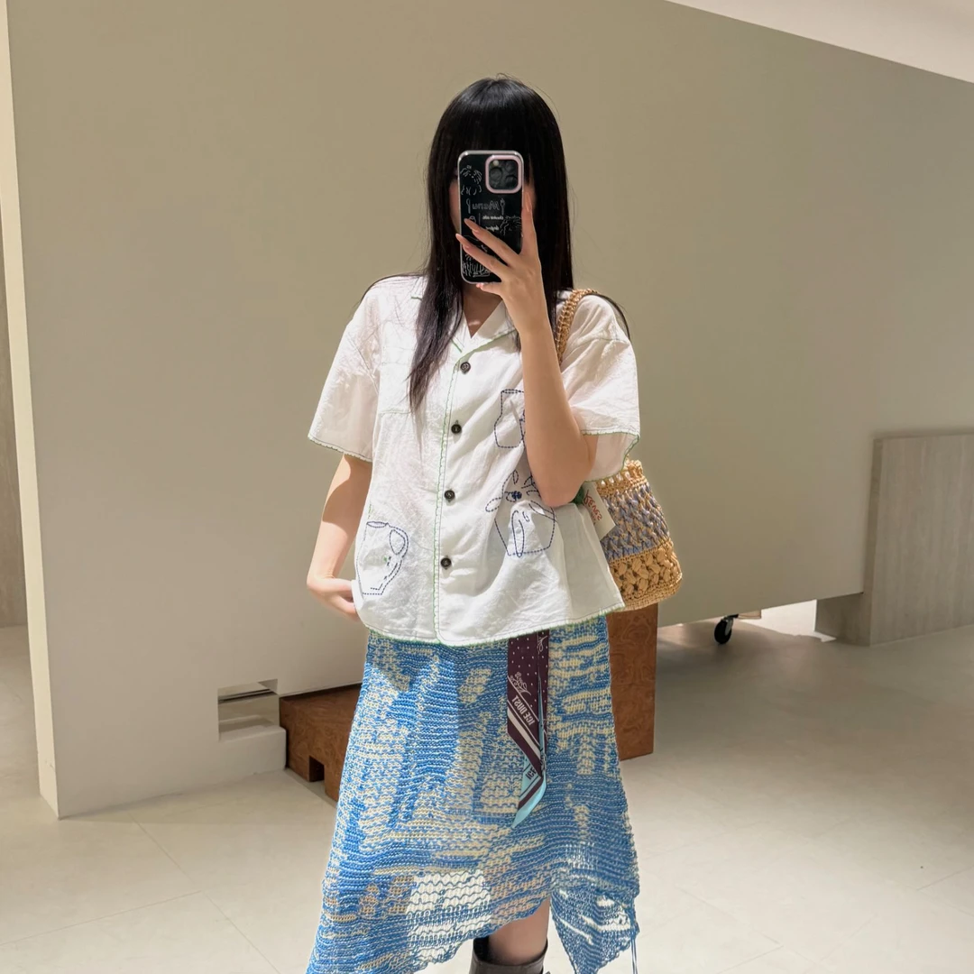 IINC SHORT SENTENCE 25SS 古巴领刺绣短款百搭短袖衬衫新款女