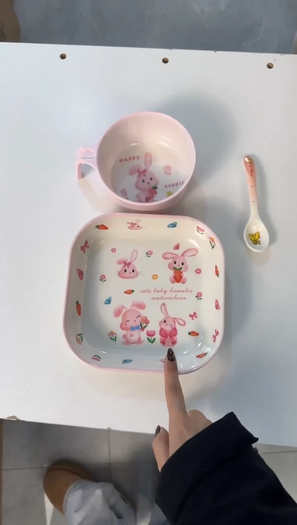 密胺兔子不分格餐盘+手把碗+勺子