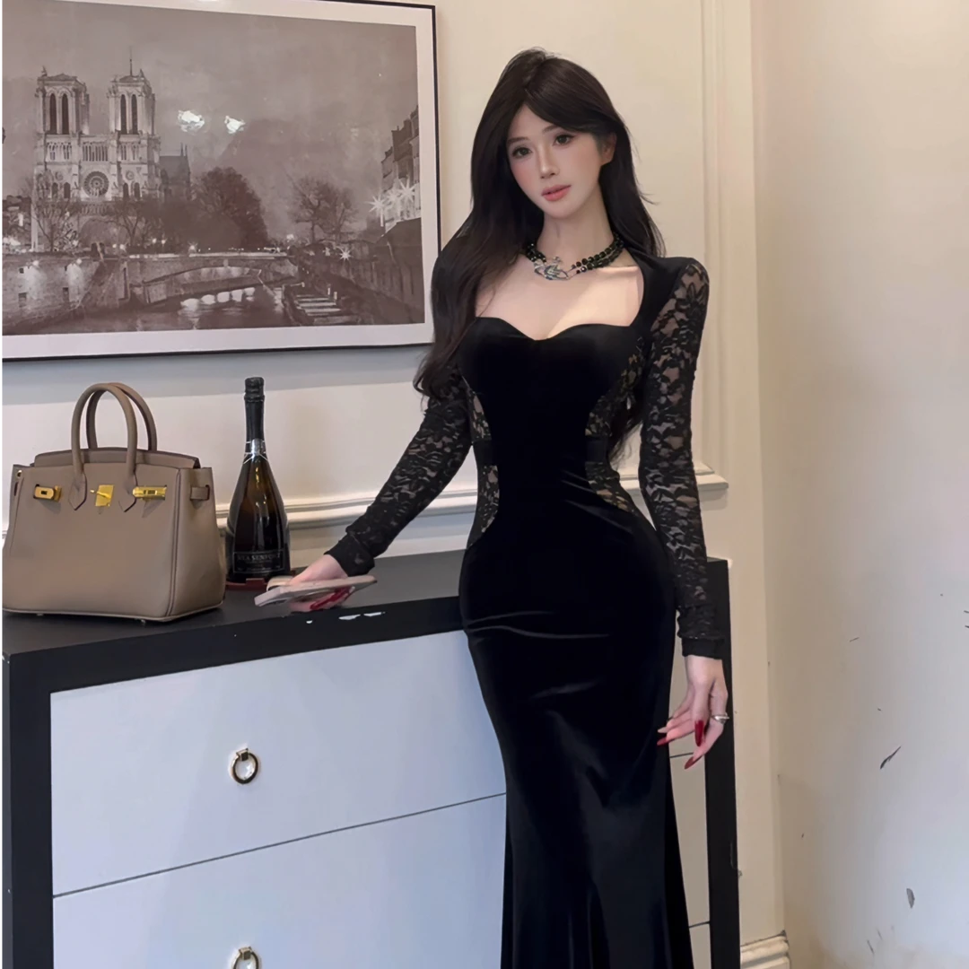 维尼【巴黎夜曲】秋冬修身设计款高腰长袖显瘦气质包臀连衣裙L