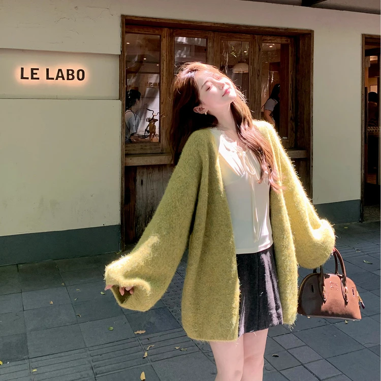 灯笼袖慵懒风毛衣外套女软糯宽松显瘦百搭针织开衫外穿