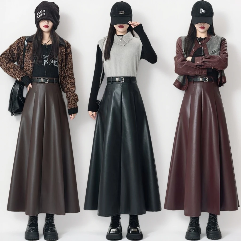 PU皮裙半身裙秋冬季2025新款高腰显瘦A字裙遮肉包臀裙中长款伞裙