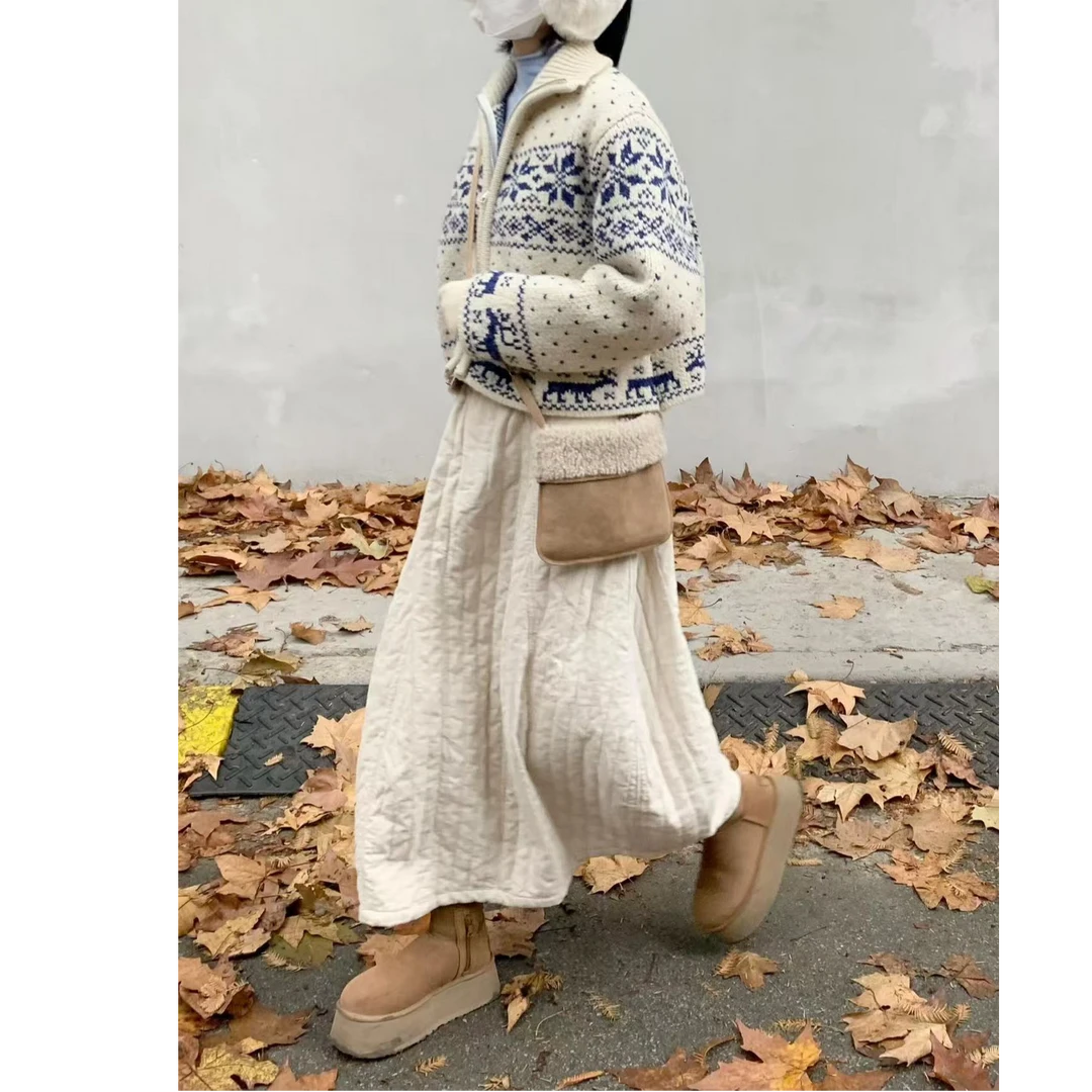 日系棉裙女冬季加厚半身裙复古花苞裙子夹棉中长款设计感宽松伞裙