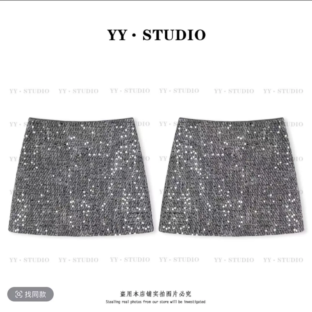 【贝贝】秋冬新款亮片毛呢显高显瘦半身裙YY-3607
