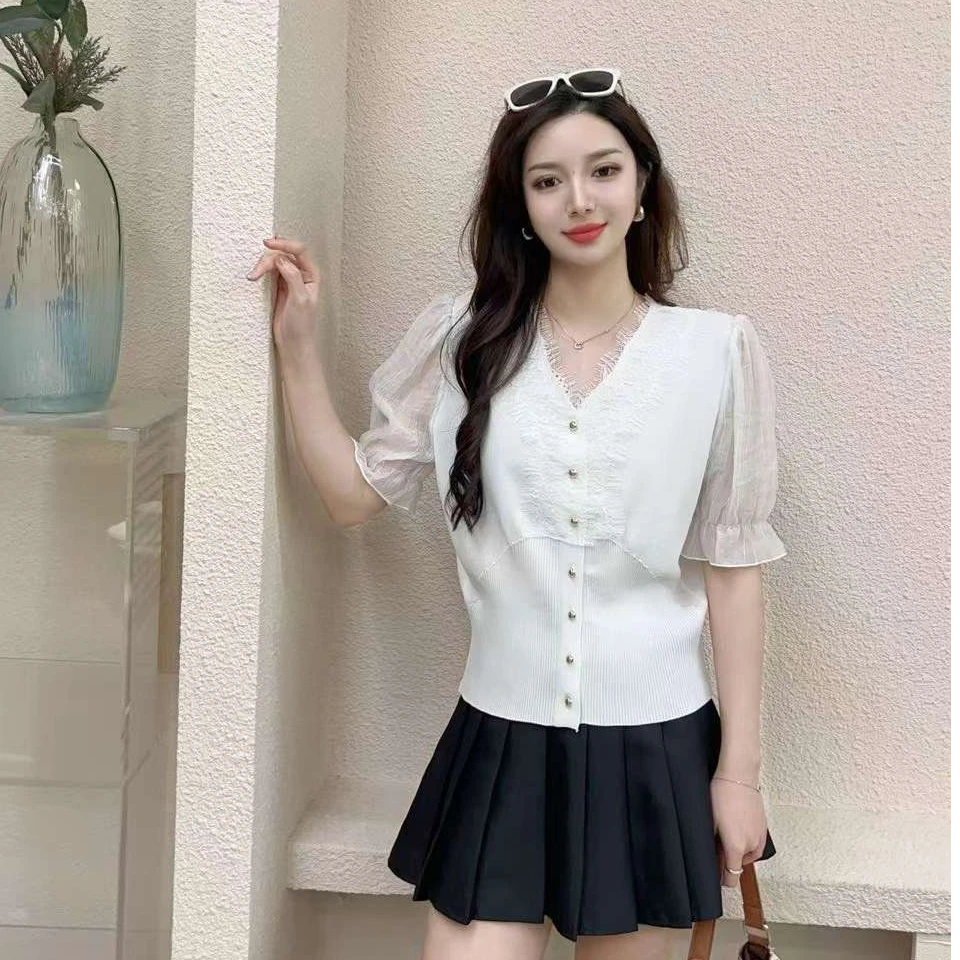 冰丝短袖T恤女2025夏季新款蕾丝拼接针织上衣泡泡袖宽松洋气小衫