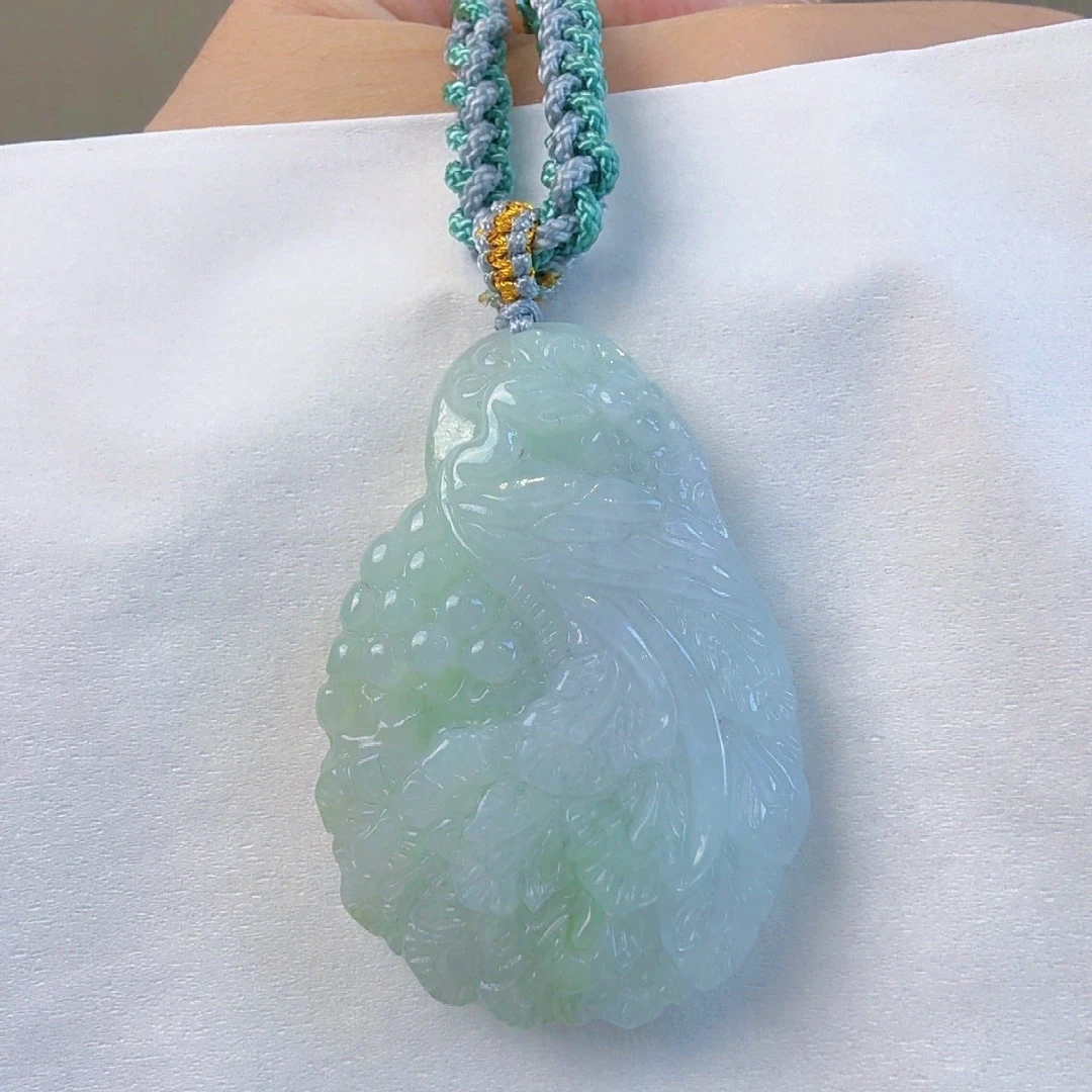 天然翡翠A货精雕飘花凤凰高47+宽33+厚12+（多样性发其中一个）