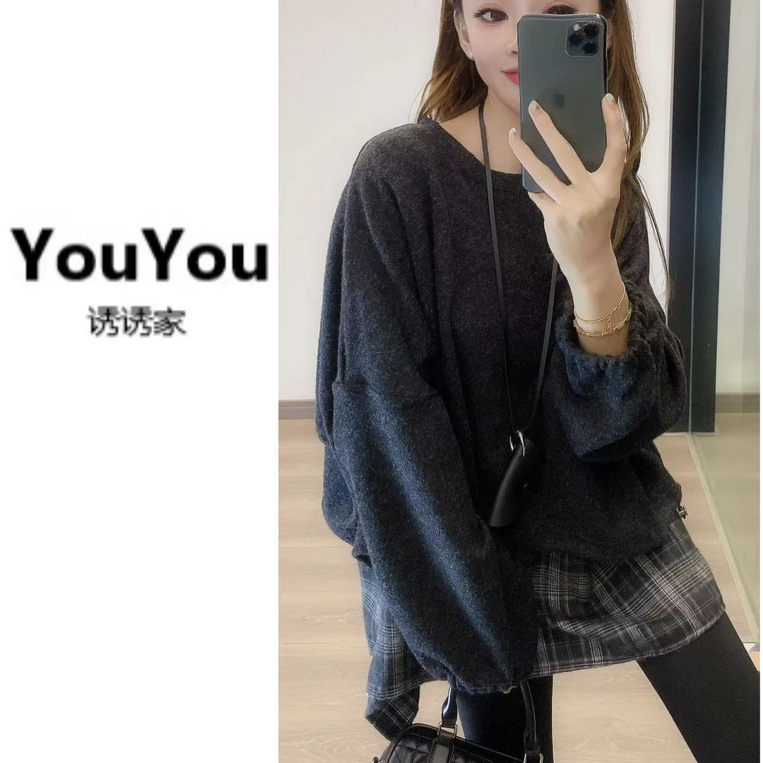 设计感格纹拼接休闲毛衣秋季韩版宽松减龄时尚个性圆领上衣女