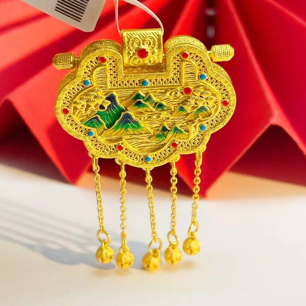 姐妹黄金 足金999珐琅千里江山图流苏吊坠