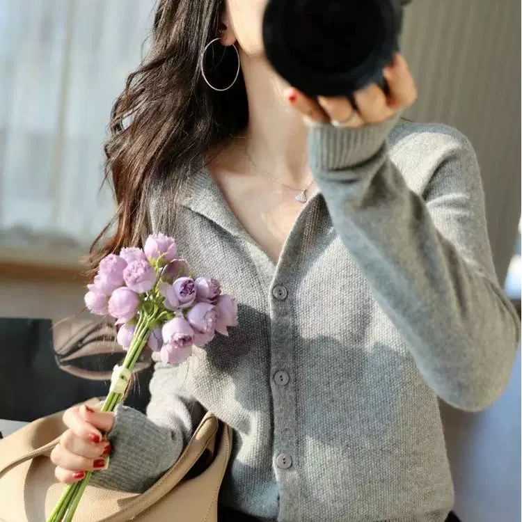 【100%纯羊毛】百搭宽松圆领针织开衫女长袖毛衣外套羊毛针织衫外搭